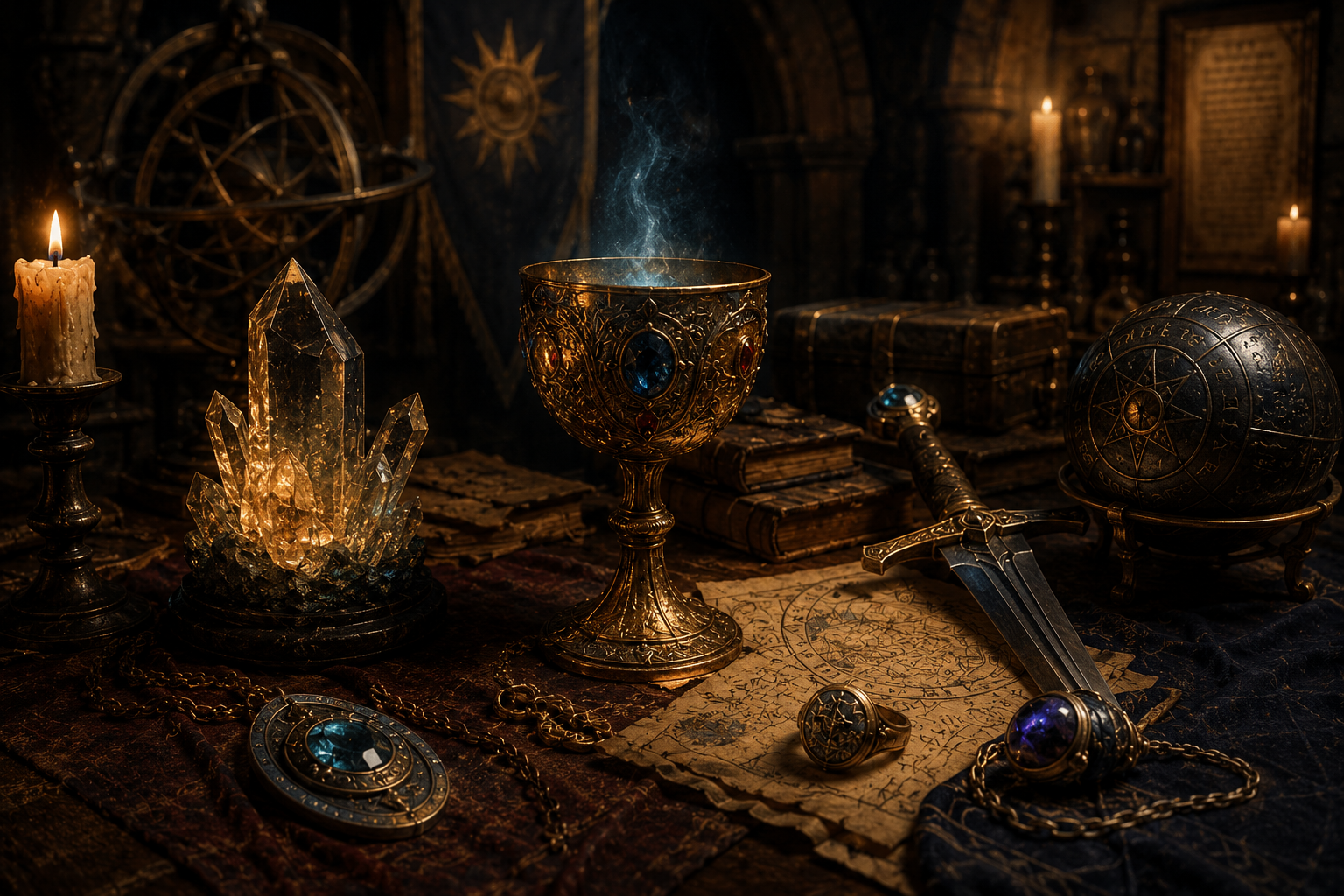 Magické předměty, relikvie a svitky uložené v tiché síni.