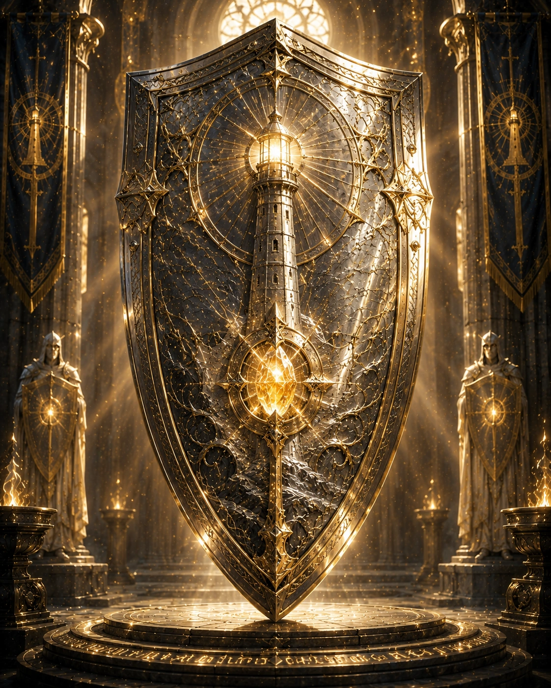 Aegis Luminaris, mohutný stříbrný štít s reliéfem zářícího majáku.